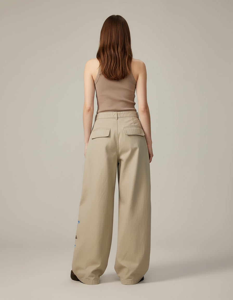 Pantalon Baggy Beige Brodé Large Décontracté Femme - Gabardine - vue 2