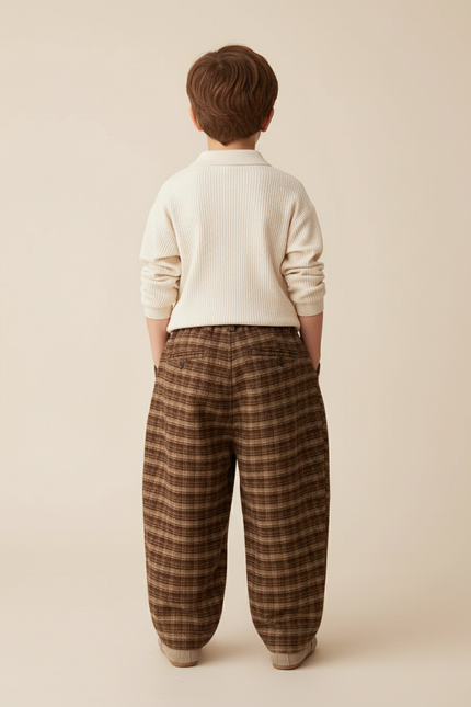Pantalon Baggy Carreaux Marron Ample Plissé Enfant - Tweed - vue 2