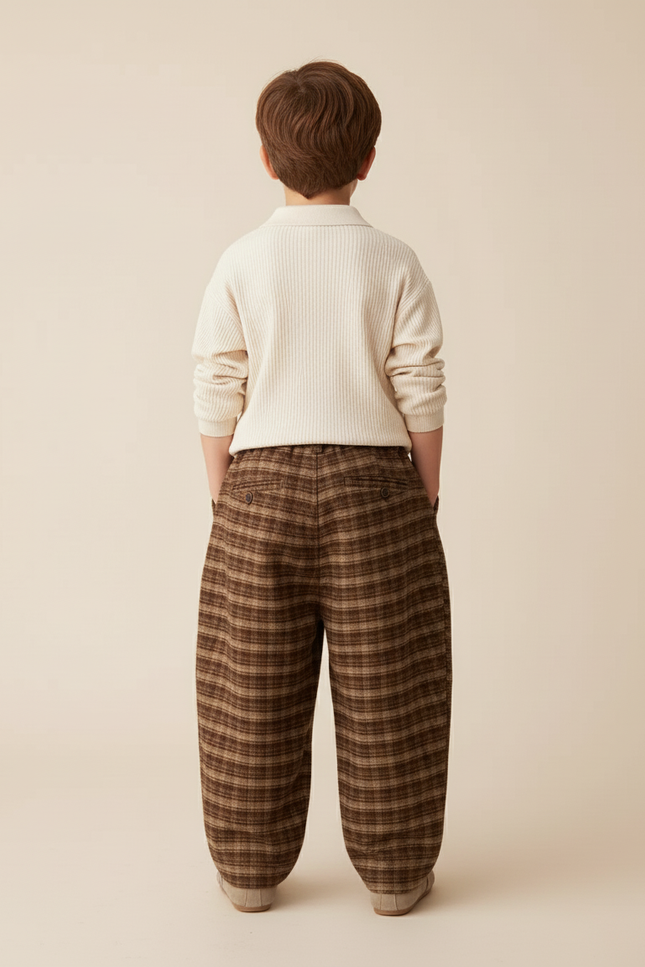 Pantalon Baggy Carreaux Marron Ample Plissé Enfant - Tweed - vue 2