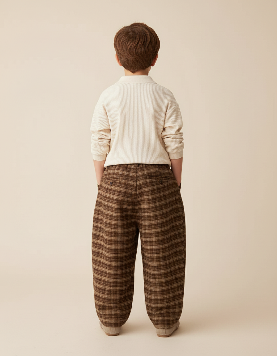 Pantalon Baggy Carreaux Marron Ample Plissé Enfant - Tweed - vue 2
