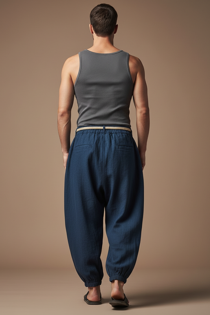 Pantalon En Lin Baggy - Marine - vue 2