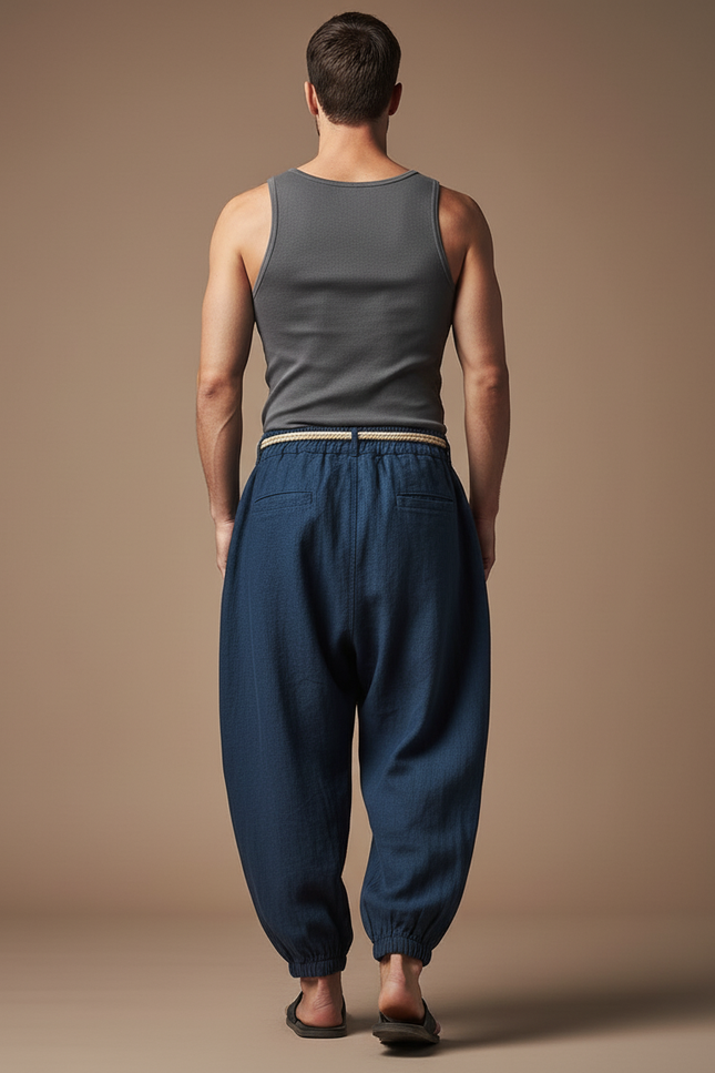 Pantalon En Lin Baggy - Marine - vue 2
