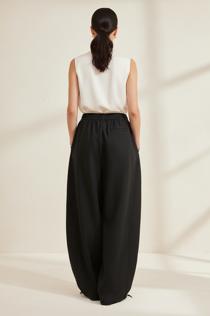 Pantalon Baggy Noir Ample Cordon Fluide Casual - Lin - vue 2