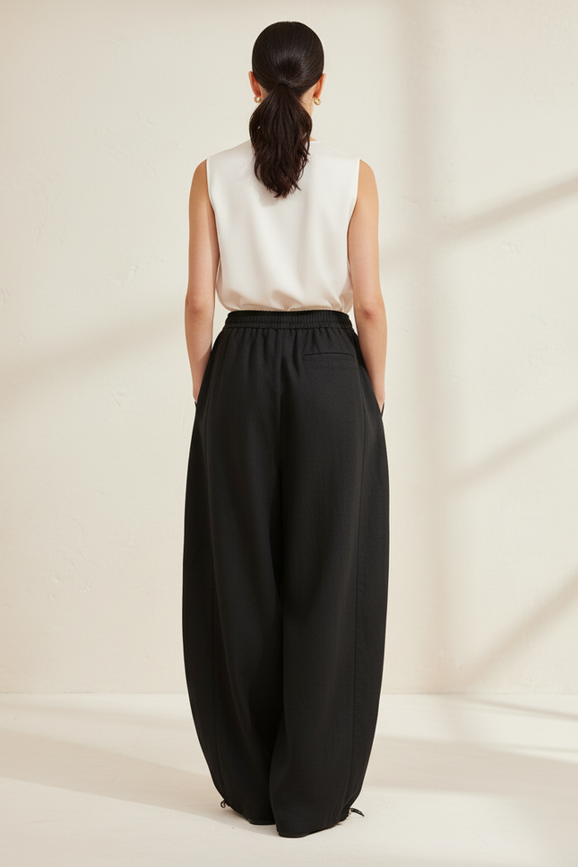 Pantalon Baggy Noir Ample Cordon Fluide Casual - Lin - vue 2