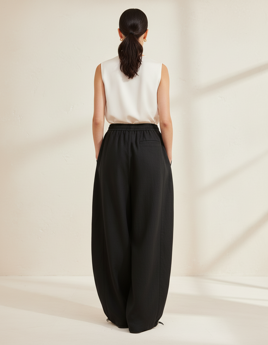 Pantalon Baggy Noir Ample Cordon Fluide Casual - Lin - vue 2