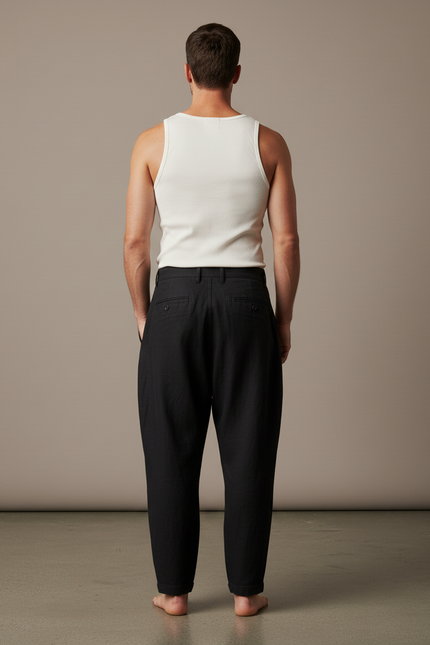 Pantalon Baggy Noir Lin Plissé Ample Décontracté Homme - vue 2