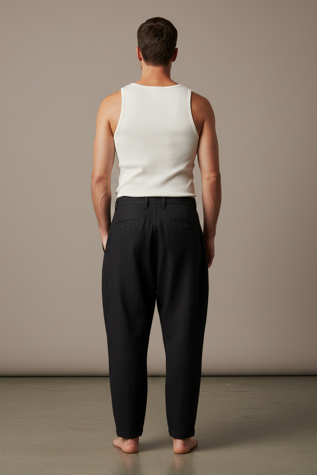 Pantalon Baggy Noir Lin Plissé Ample Décontracté Homme - vue 2