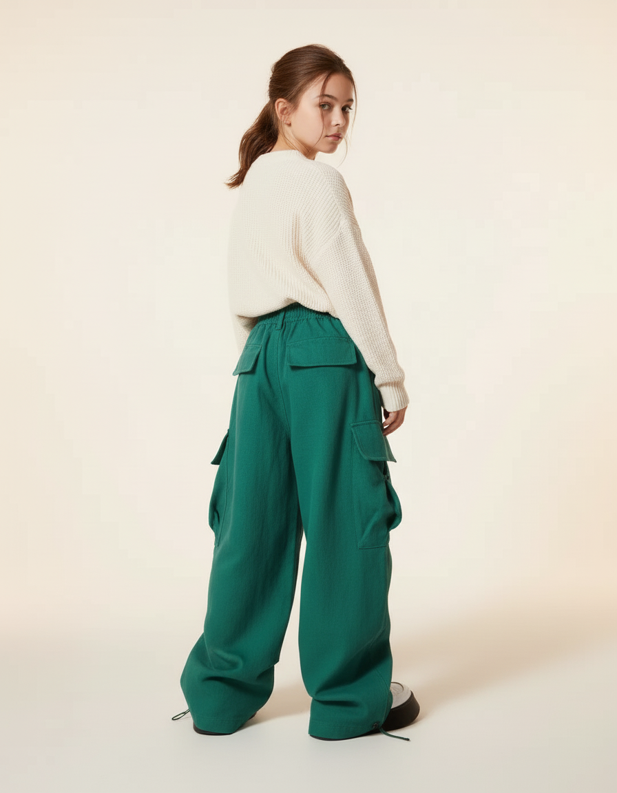 Pantalon Baggy Vert Cargo Ample Décontracté Fille - Coton - vue 2