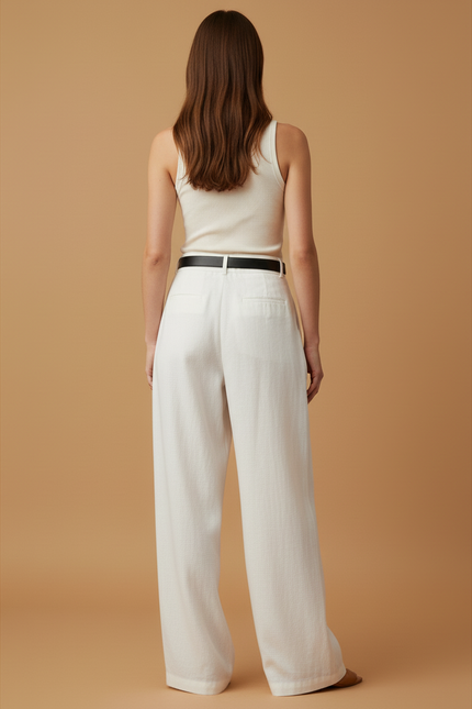 Pantalon Baggy Blanc Lin Fluide Taille Haute - vue 2