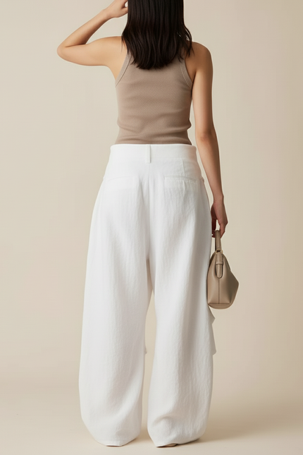 Pantalon Baggy Blanc Lin Ample Décontracté Fluide Femme - vue 2