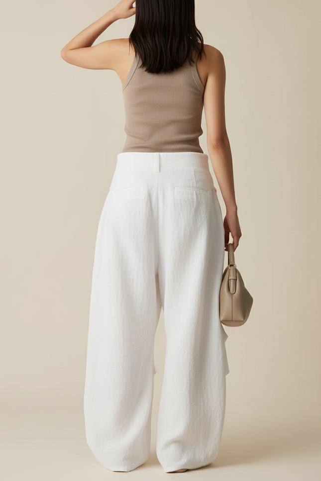 Pantalon Baggy Blanc Lin Ample Décontracté Fluide Femme - vue 2