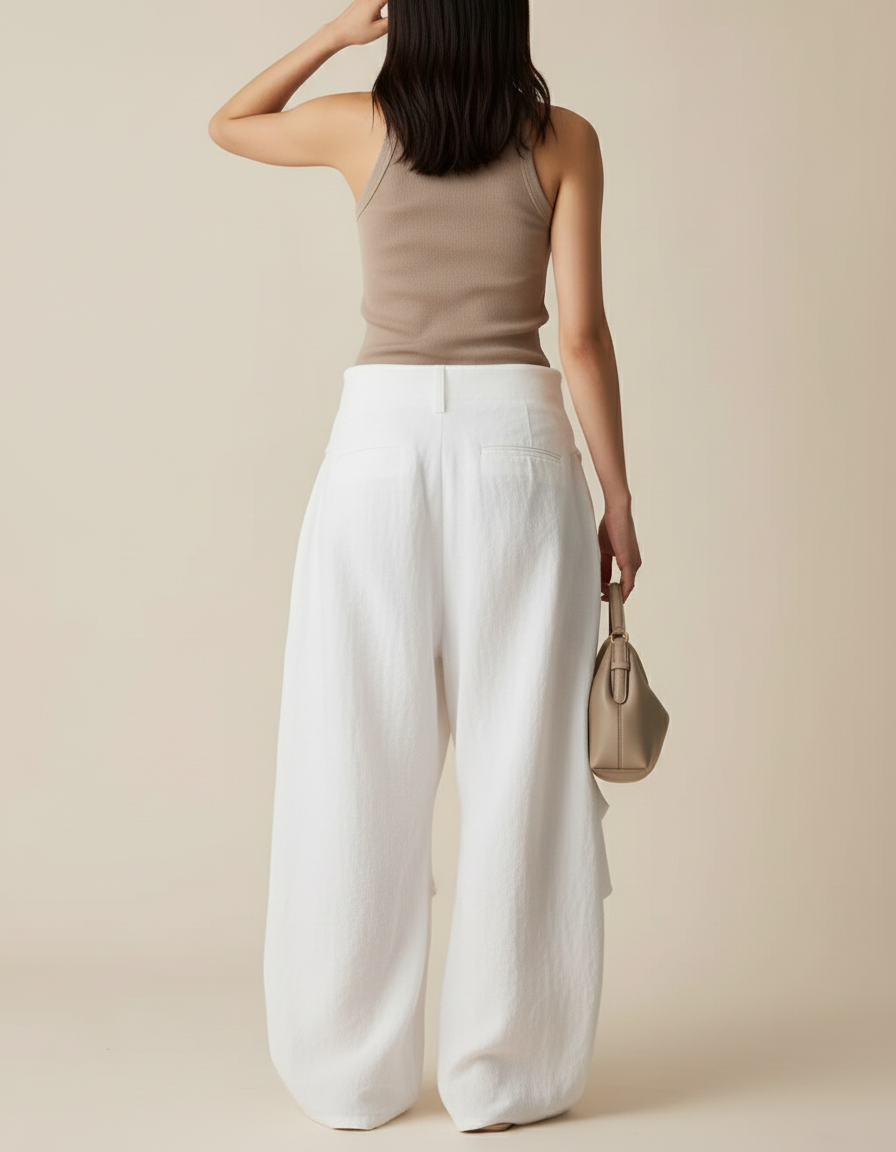 Pantalon Baggy Blanc Lin Ample Décontracté Fluide Femme - vue 2