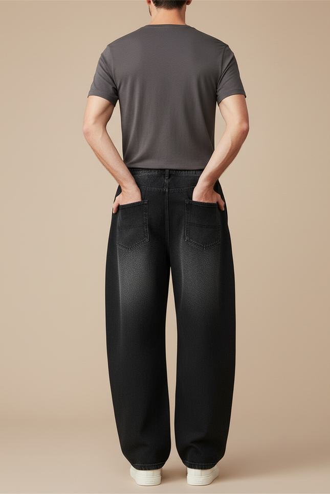 Pantalon Baggy Noir Ample Délavé Cordon Décontracté Homme - Jean - vue 2