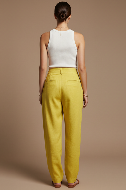 Pantalon Baggy Jaune Lin Ample Plissé Décontracté - vue 2