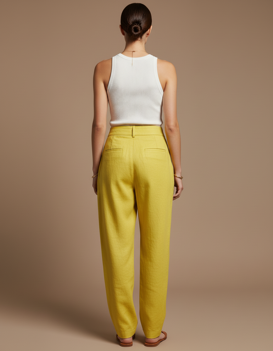 Pantalon Baggy Jaune Lin Ample Plissé Décontracté - vue 2