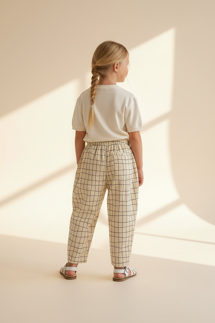 Pantalon Baggy Coton Carreaux Beige Ample Enfant - vue 2