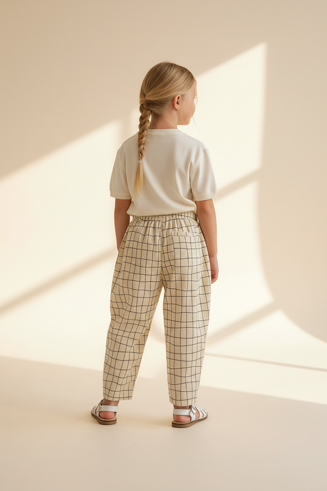 Pantalon Baggy Coton Carreaux Beige Ample Enfant - vue 2