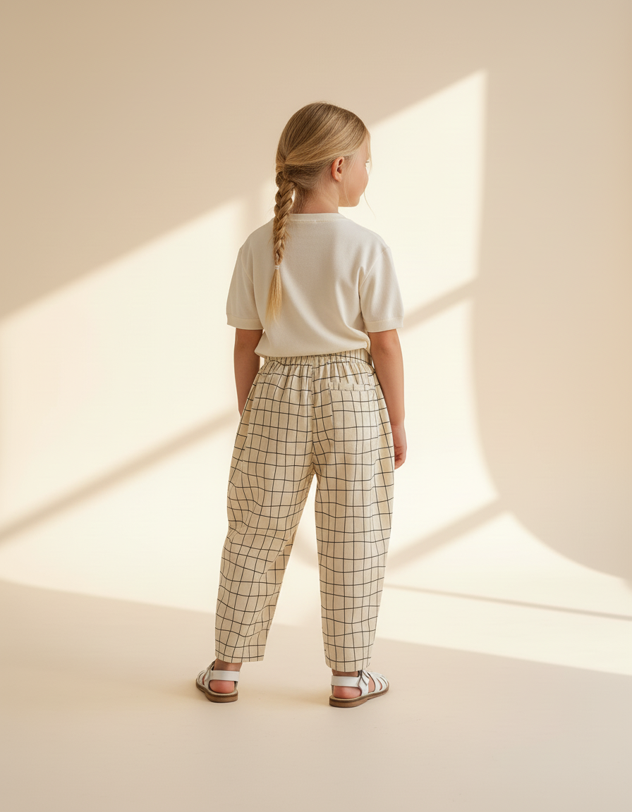 Pantalon Baggy Coton Carreaux Beige Ample Enfant - vue 2