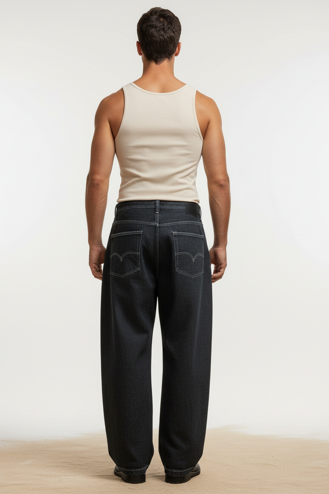 Pantalon Baggy Gris Foncé Ample Brodé Décontracté Homme - Jean - vue 2