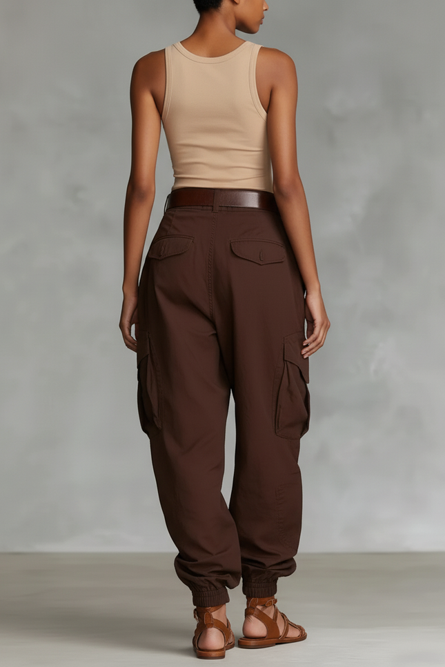 Pantalon Baggy Marron Cargo Décontracté Ample Multi-poches Femme - Gabardine - vue 2