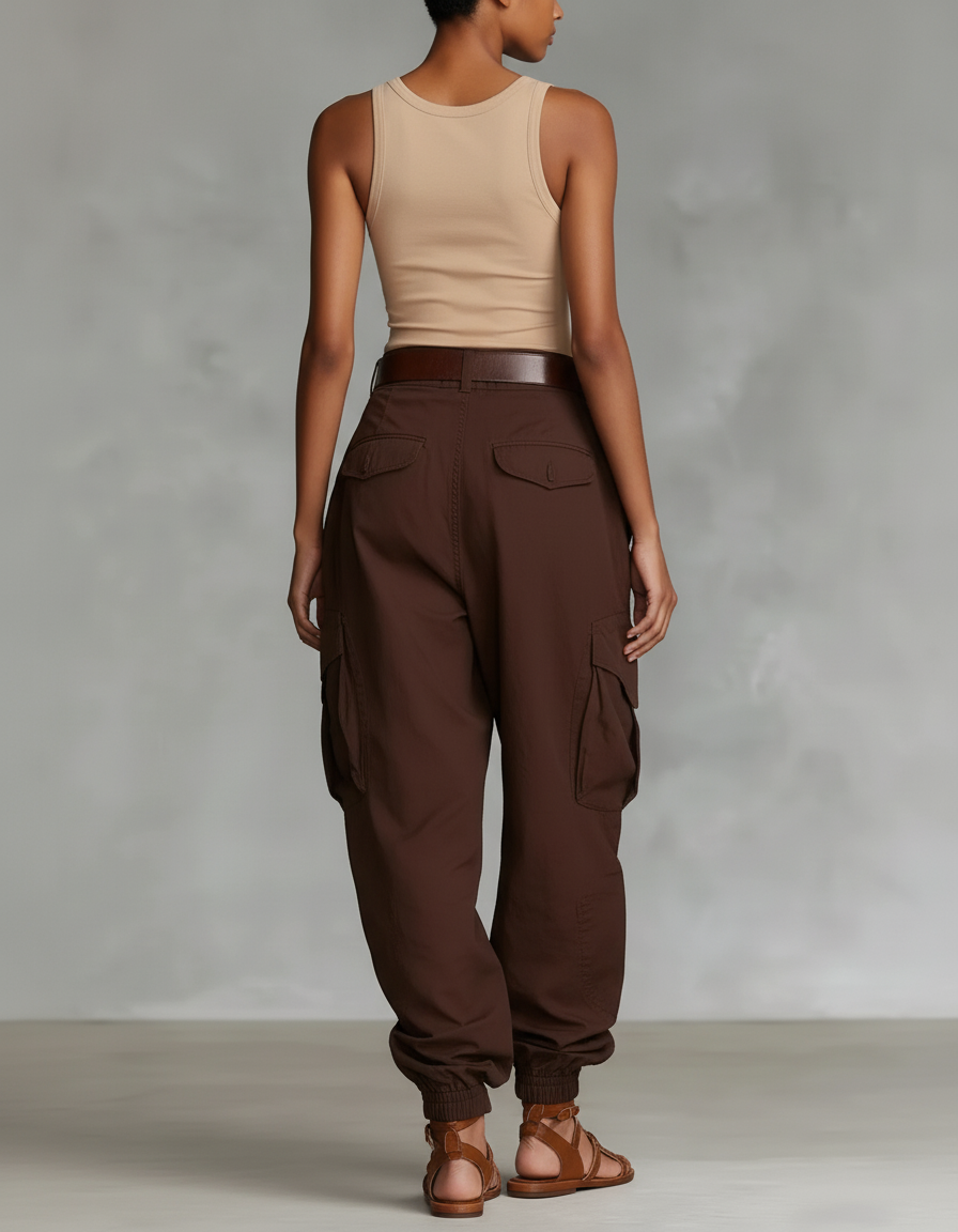 Pantalon Baggy Marron Cargo Décontracté Ample Multi-poches Femme - Gabardine - vue 2