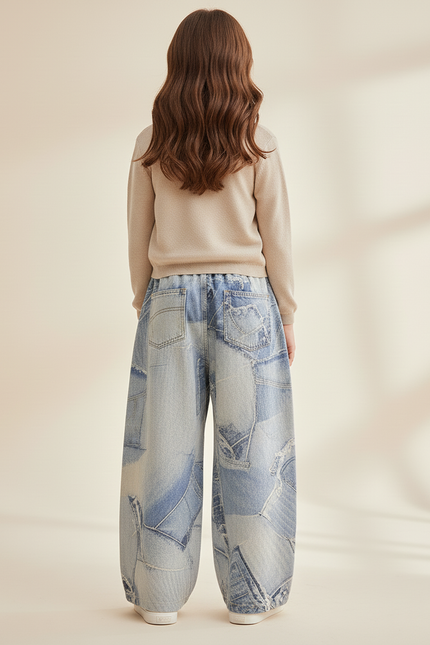 Pantalon Baggy Denim Patchwork Ample Imprimé Enfant - Bleu Jean - vue 2