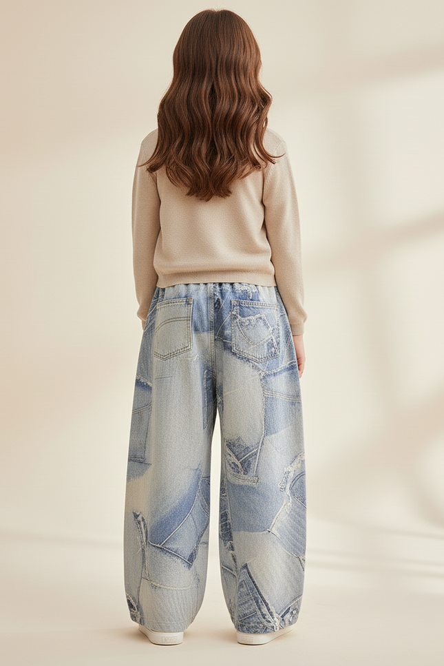 Pantalon Baggy Denim Patchwork Ample Imprimé Enfant - Bleu Jean - vue 2