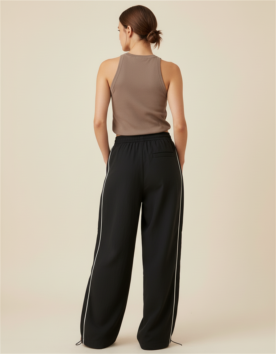 Pantalon Baggy Noir Rayure Blanche Fluide Femme - Polyester - vue 2