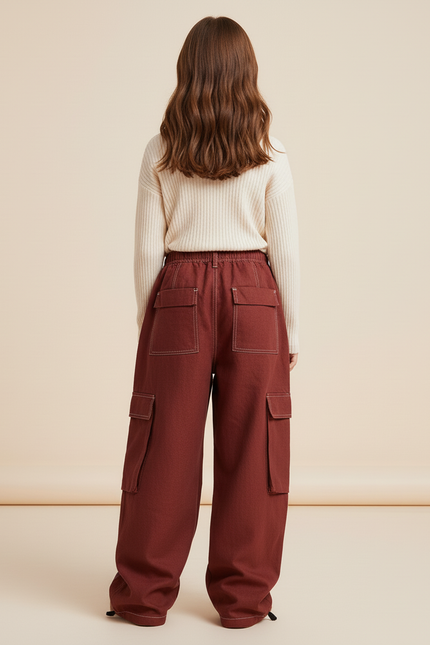 Pantalon Baggy Marron Cargo Large Rayures Blanches Enfant - Toile - vue 2