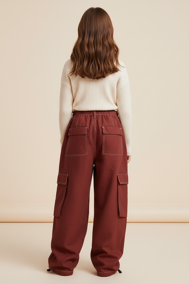 Pantalon Baggy Marron Cargo Large Rayures Blanches Enfant - Toile - vue 2