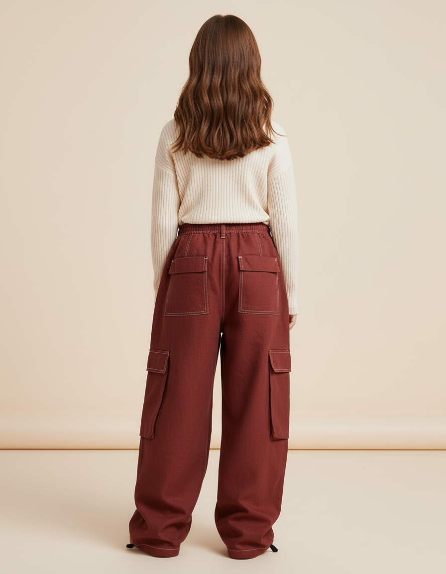 Pantalon Baggy Marron Cargo Large Rayures Blanches Enfant - Toile - vue 2