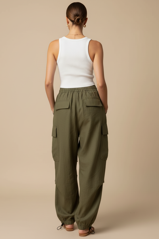 Pantalon Baggy Vert Kaki Ample Cargo Cordon Décontracté - Lin - vue 2