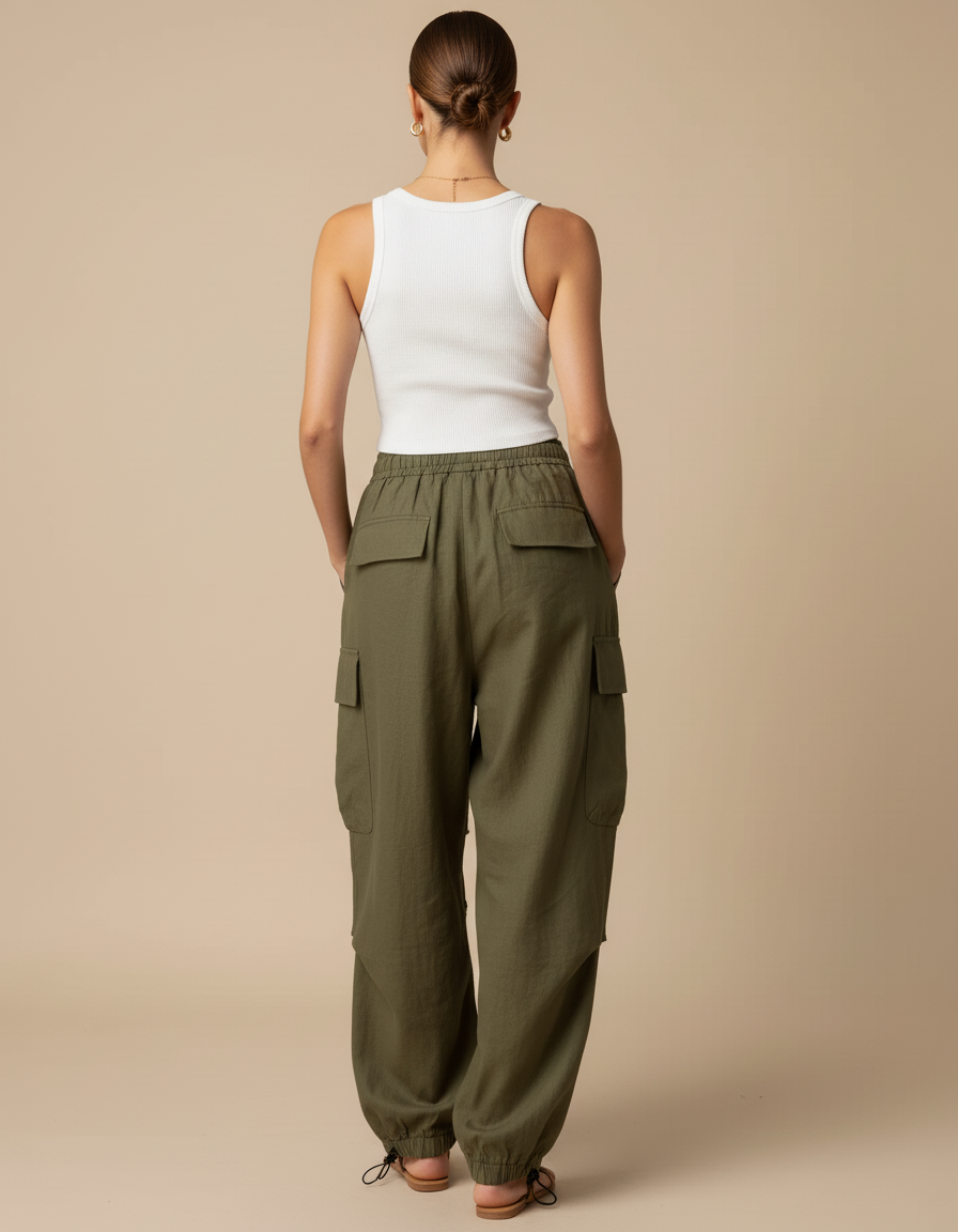 Pantalon Baggy Vert Kaki Ample Cargo Cordon Décontracté - Lin - vue 2