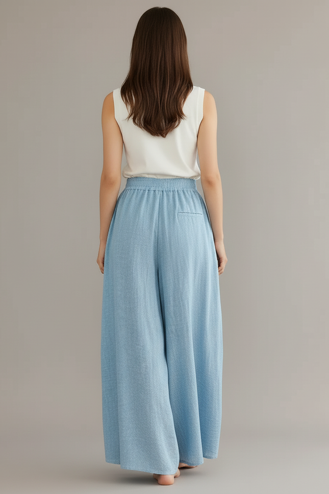 Pantalon Baggy Lin Coton Ample Fluide Bleu Clair - vue 2