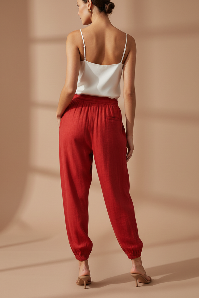 Pantalon Baggy Rouge Lin Fluide Décontracté Femme - vue 2