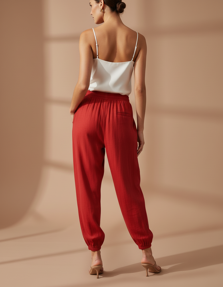 Pantalon Baggy Rouge Lin Fluide Décontracté Femme - vue 2