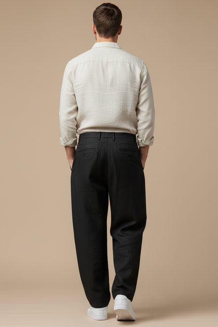 Pantalon Baggy Noir Lin Plissé Large Homme - vue 2