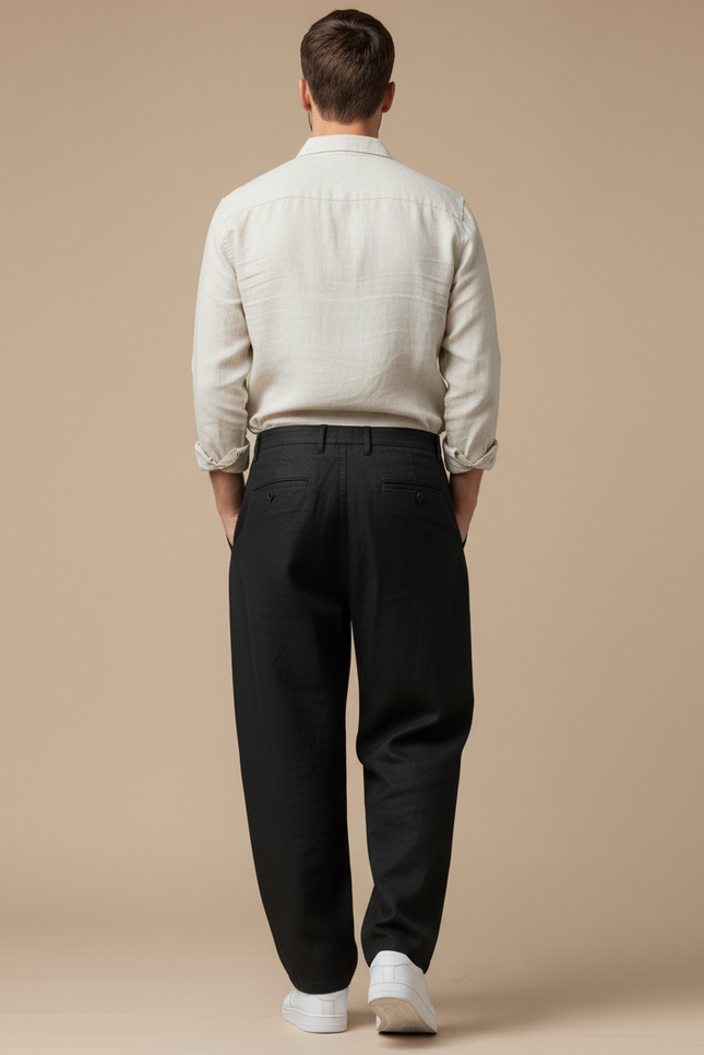 Pantalon Baggy Noir Lin Plissé Large Homme - vue 2