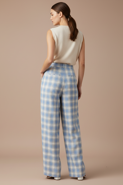 Pantalon Baggy Plaid Bleu Écru Ample Fluide - Multicolore Tweed - vue 2