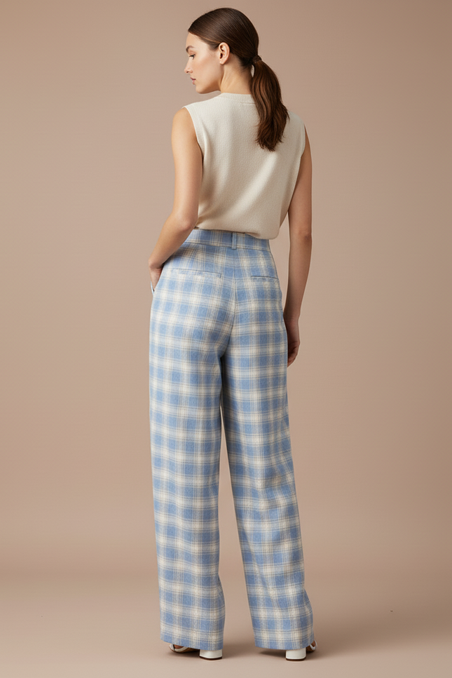 Pantalon Baggy Plaid Bleu Écru Ample Fluide - Multicolore Tweed - vue 2