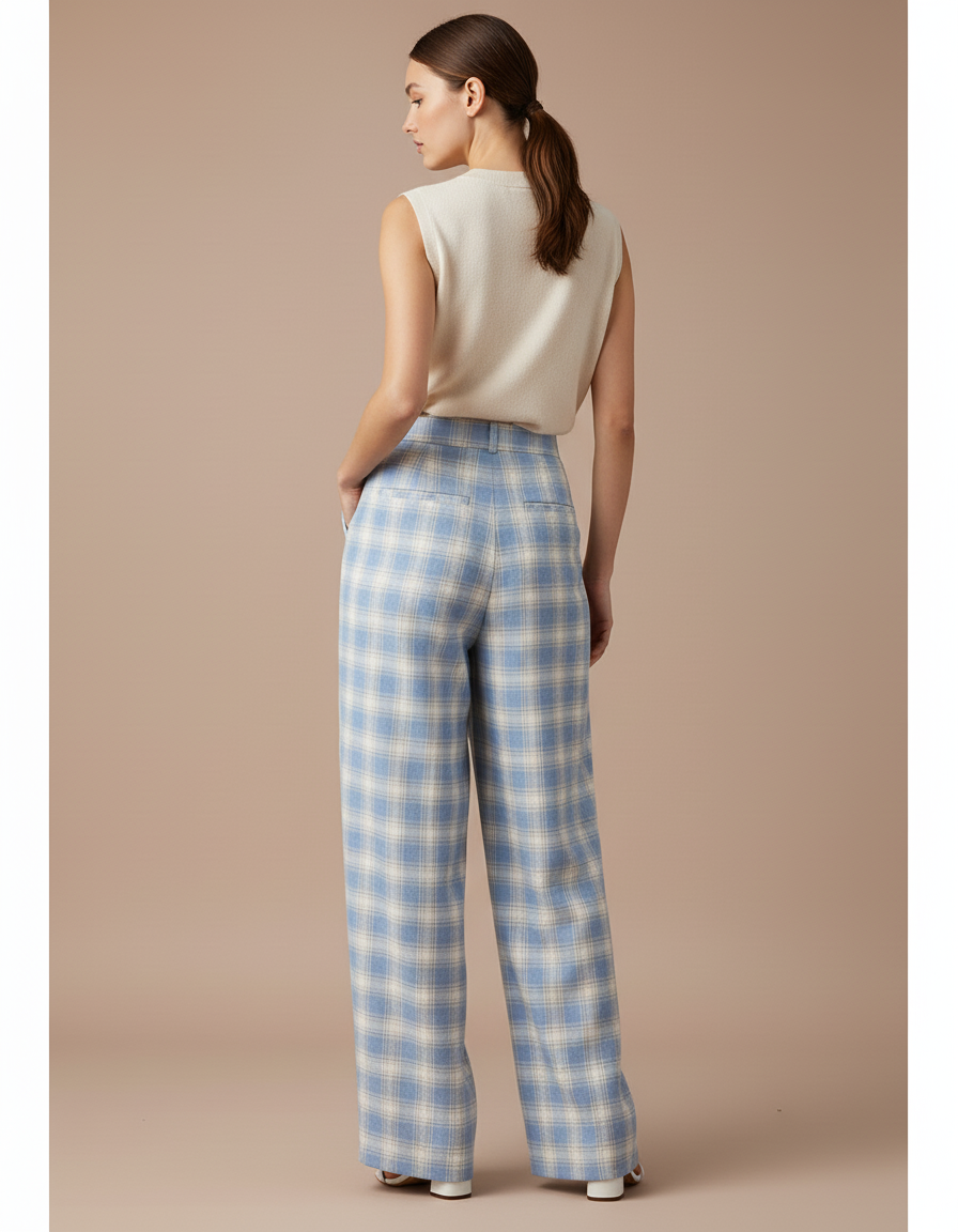 Pantalon Baggy Plaid Bleu Écru Ample Fluide - Multicolore Tweed - vue 2
