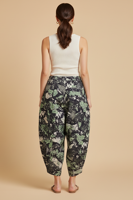 Pantalon Baggy Fleuri Vert Noir Ample Fluide Femme - Multicolore Lin - vue 2