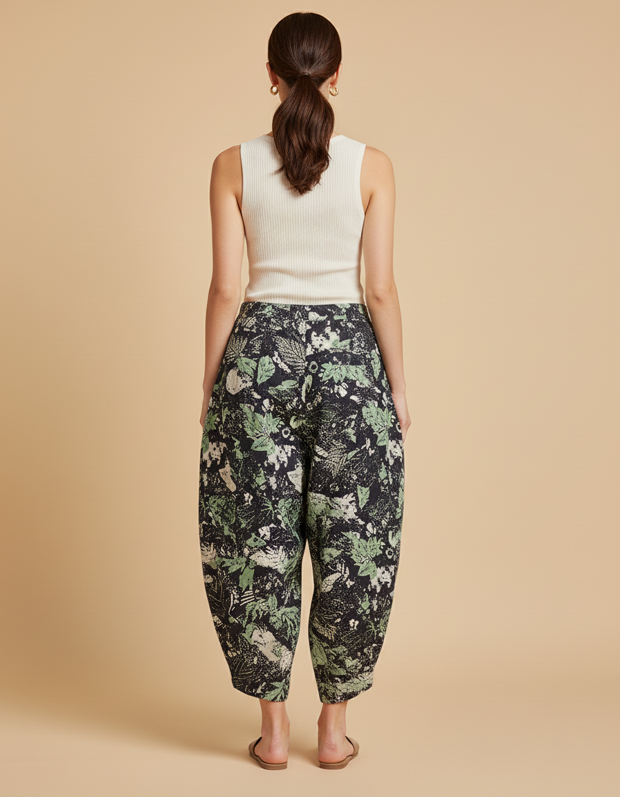 Pantalon Baggy Fleuri Vert Noir Ample Fluide Femme - Multicolore Lin - vue 2