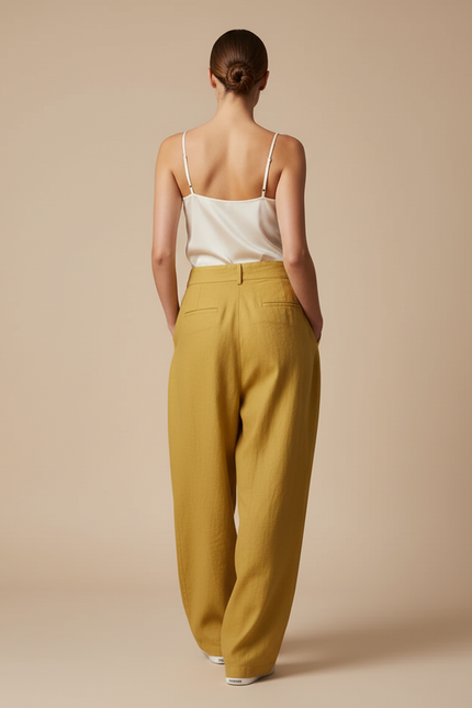 Pantalon Baggy Moutarde Lin Plissé Ample Femme - Jaune - vue 2