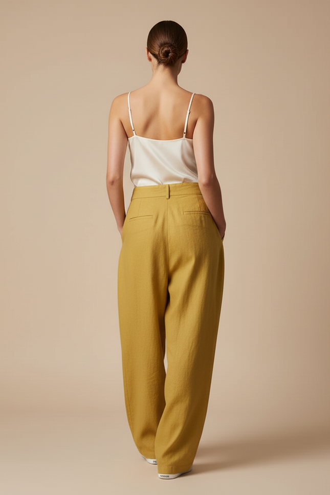 Pantalon Baggy Moutarde Lin Plissé Ample Femme - Jaune - vue 2