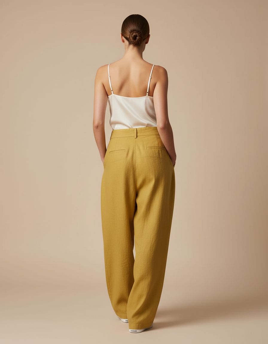Pantalon Baggy Moutarde Lin Plissé Ample Femme - Jaune - vue 2
