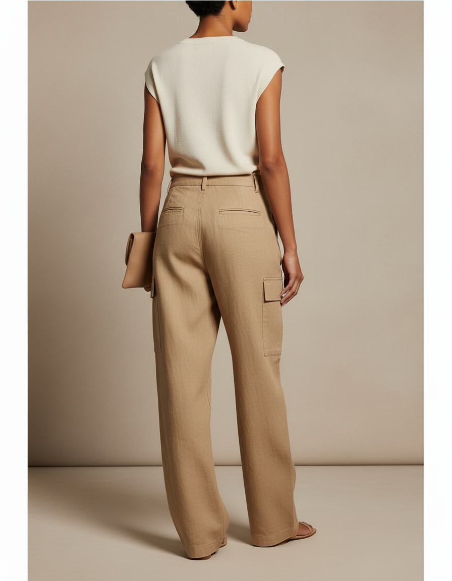Pantalon Baggy Cargo Ample Lin Beige Poches - vue 2