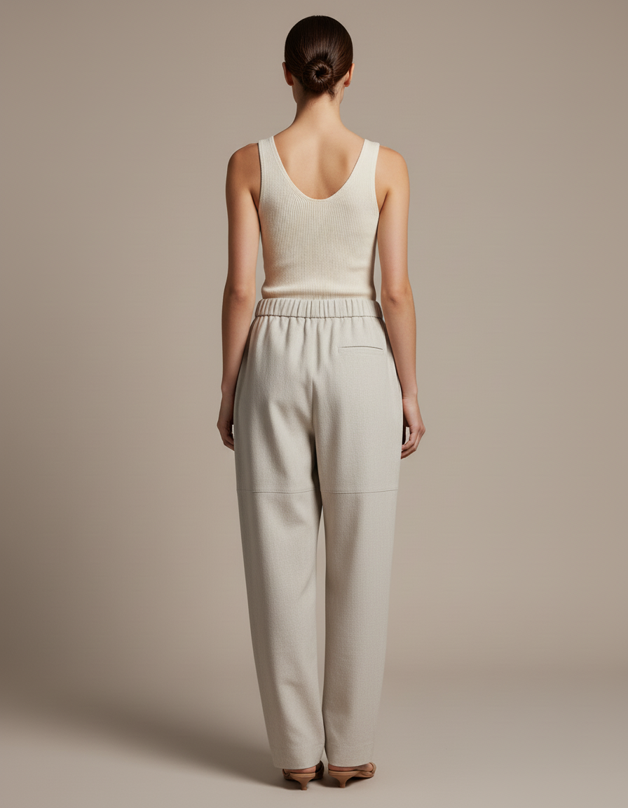 Pantalon Baggy Beige Ample Tissé Confortable Femme - Laine - vue 2
