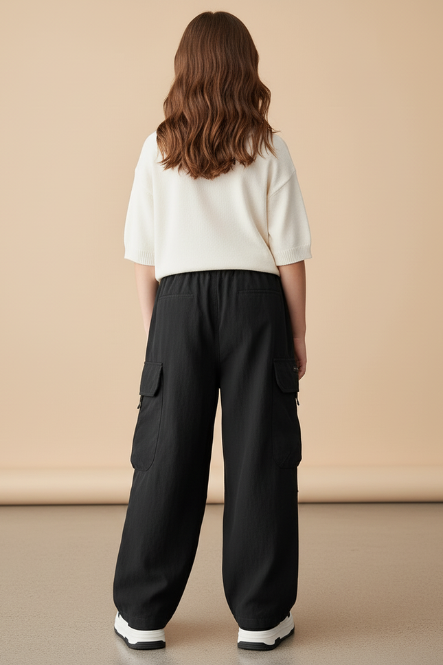 Pantalon Baggy Noir Ample Cargo Décontracté Enfant - Polyester - vue 2