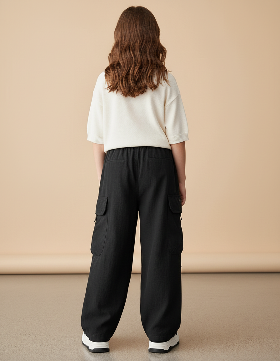 Pantalon Baggy Noir Ample Cargo Décontracté Enfant - Polyester - vue 2